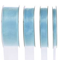 Organzaband presentband ljusblått band blå kant 50m
