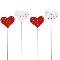 Artikel Hjärtan röda och vita prickiga blompluggar trä 6×5cm 18st