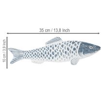Artikel Träfisk i blått och vitt, fiskdekoration, trämjöl, 35 cm, 1 styck
