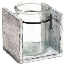 Artikel Värmeljushållare av glas i rustik träram - gråvit, 10x9x10cm - charmig bordsdekoration 3 st