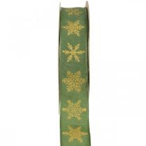 Band jul snöflinga grön, gul 25mm 15m