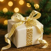 Artikel Band Leopardmönstrat Sidenband Krämfärgat Guld 15mm 18m