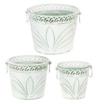 Artikel Präglad metallkruka med handtag, vit och grön, shabby chic-stil, H22/19,5/17,5 cm, Ø25,5/20,5/15,5 cm, set om 3