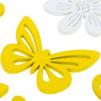 Blommor och fjärilar för att strö gul, vitt trä strö dekoration vår dekoration 72st