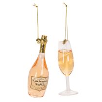 Artikel Julgransprydnadsset, champagneglas och champagneflaska, juldekoration, 14 cm, 2 delar