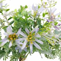 Dekorativ bukett, lila sidenblommor, vårdekorationer, konstgjorda asters, nejlikor och eukalyptus