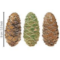 Artikel Dekorativa keramiska tallkottar, blandade gröna, gula, bruna, 8,5 cm, 6 stycken
