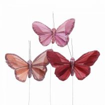 Deco fjäril på tråd fjäder fjäril rosa 10×6cm 12st