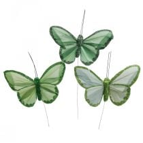 Dekorativa fjärilar gröna fjäderfjärilar på tråd 10cm 12st