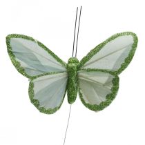 Dekorativa fjärilar gröna fjäderfjärilar på tråd 10cm 12st