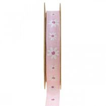 Dekorband rosa med blommor presentband 15mm 15m
