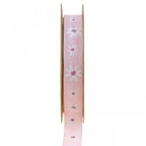 Dekorband rosa med blommor presentband 15mm 15m