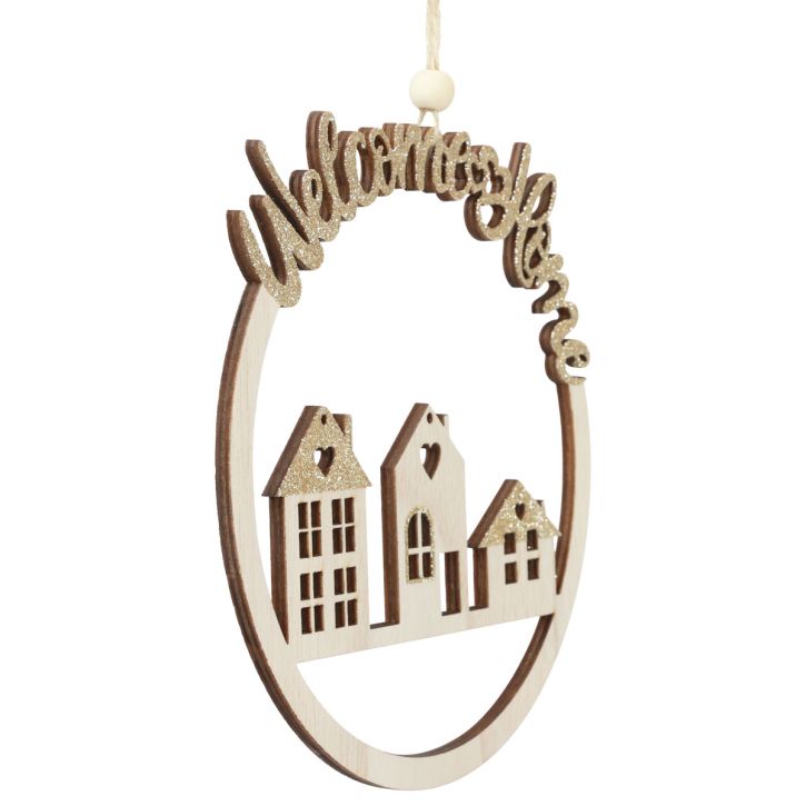Dekorativ hängare trä guld glitter Welcome Home Ø16,5cm 6st