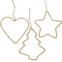 Deco hängare jul träpärlor hjärta stjärnträd H20cm 3st