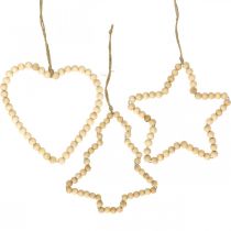 Deco hängare jul träpärlor hjärta stjärna träd H13cm 3st