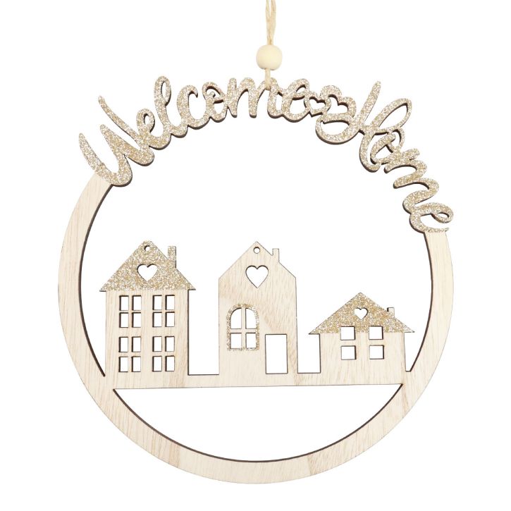Dekorativ hängare trä guld glitter Welcome Home Ø16,5cm 6st