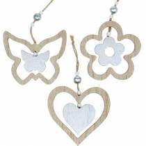 Dekorationshängare hjärta blomma fjäril natur, silverved dekoration 6st