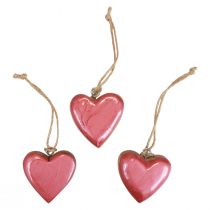 Dekorativ hängare trä trä hjärtan dekoration rosa glänsande 6cm 8st