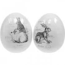 Keramikägg, påskdekoration, påskägg med kaniner vit, svart Ø10cm H12cm set om 2