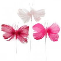 Fjäderfjärilar rosa/rosa/röda, decofjärilar på tråd 6st