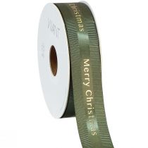 Artikel Festligt julband i mörkgrönt med gyllene &#39;Merry Christmas&#39;-bokstäver, bredd 25mm, längd 20m