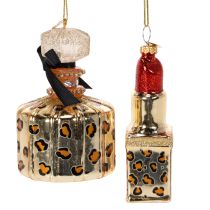 Artikel Julgransprydnad: parfymflaska och läppstift med leopardmönster, 11 cm, 2 stycken