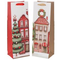 Artikel Presentpåse flaska julhus och julgran 36cm 2st