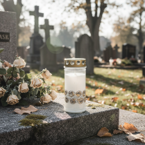 Artikel Gravljus vita rosor sorgeljus minnesljus Ø7cm H18cm 90h 2st