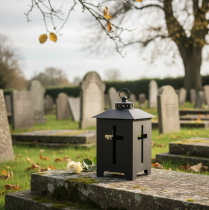 Artikel Lykta gravljus korsfönster metall antik grå 13 x 27 cm