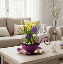 Artikel Dekorativ tekopp i metall på fat, lila, Ø11,5 cm, H8 cm, 2 stycken