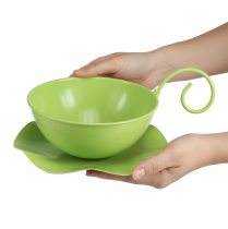 Artikel Dekorativ metallkopp, äppelgrön, med fat, H8cm Ø11,5cm, 2 stycken