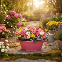 Artikel Rosa metallblomskål med handtag, rund, Ø33,5 cm