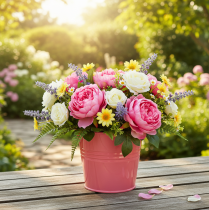 Artikel Metallhink med blomkruka och rosa handtag 16x17,5x16cm 2 st