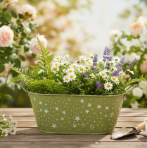 Artikel Oval metallskål med stjärnor och handtag, grön, 31×16 cm, H12,5 cm
