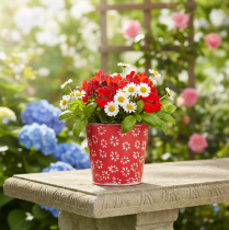 Artikel Röd och vit miniblomkruka, blomsterdesign, metall, Ø10,5 cm H10,5 cm