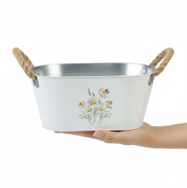 Artikel Dekorativ oval metallskål, vit med naturlig blomdekor, L26cm