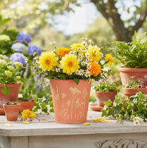 Artikel Blomkruka med blomsterdekoration, aprikosgul, Ø10,5 cm H10,5 cm