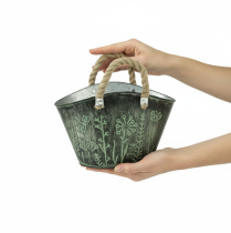 Artikel Blomkruka med handtag, väska, metall, jute, 19×13,5×13,5 cm