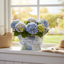 Artikel Blomskål med handtag, hortensia-design, metall, 26×13×14,5 cm