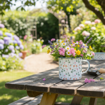 Artikel Emaljkruka, dekorativ kopp med blommotiv, Ø11 cm