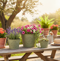 Artikel Metallblomkruka, grön, vintage, Ø22cm–13,5cm, set om 3