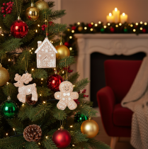Artikel Julgranskulor, honungstårta, ren, pepparkaksgubbe, snöflinga, 7 cm, 4 stycken