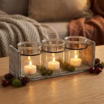 Artikel Rustik glasbehållare i grått och vitt träställ - 27,5x9x11 cm - Mångsidig förvaring och dekorativ lösning