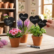 Artikel Trähjärtformade blompålar, dekorativa hjärtpålar, 9 cm, set om 6