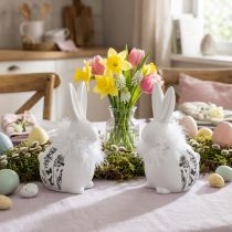 Artikel Keramik Kanin Vit Sittande Blommor Fjädrar 9×7×14cm 2st