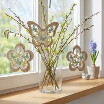 Artikel Fjäril att hänga, trähängeblomma, vårdekoration med glitter H11/14,5cm 4st