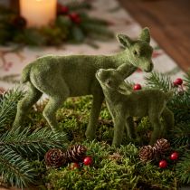 Artikel Rådjur dekorativa figurer Julgrönt flockade rådjur med fawn i ett set H9/5,5cm 4 stycken