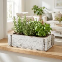 Artikel Tegelform, tegellåda, trälåda med metallbeslag antik finish, vittvättad L32cm H9cm