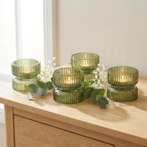 Artikel Glasljushållare, dekorativa, räfflade, gröna, Ø9 cm, H7 cm, 4 stycken