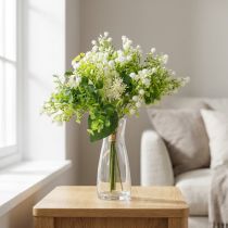 Artikel Dekorativ konstgjord blombukett, grön och vit, 36 cm lång, konstgjord blomdekoration för bord, vas och fönsterbräda, eukalyptus och blommor